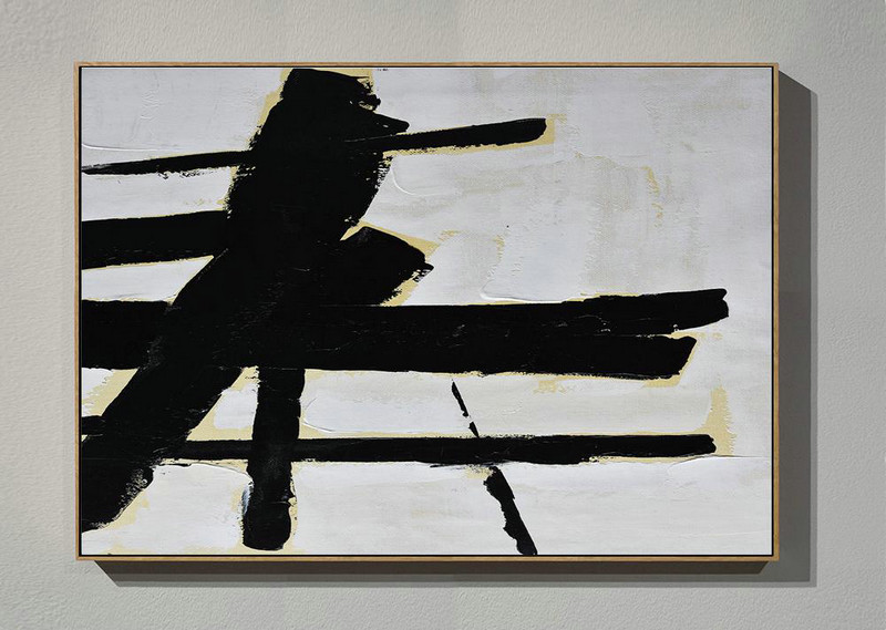 Large Wall Art Canvas,Horizontal Palette Knife Minimal Canvas Art Painting Black White Beige - Original Art Acrylic Painting